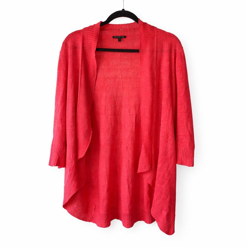 Eileen Fisher 100% Linen Open Front Cardigan Coral Red Size L Longline Knit